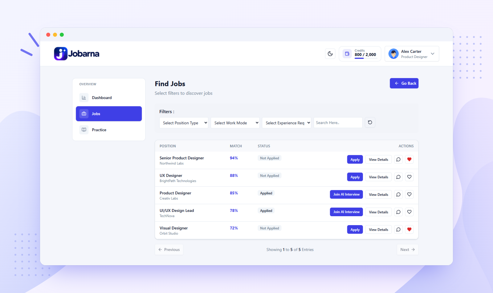 Jobs list with match scores