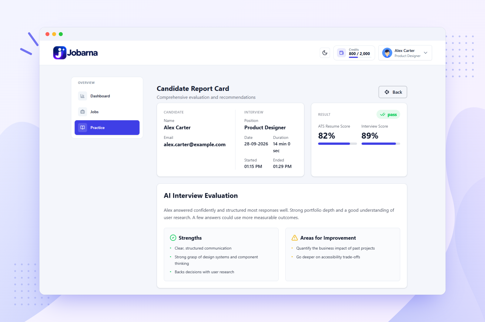 Interview report with scores and insights